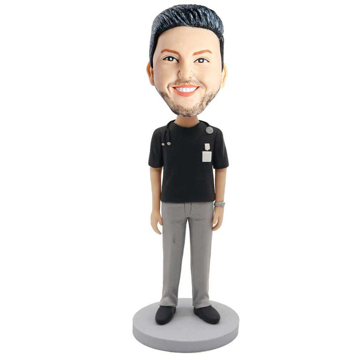 Male Doctor In Black T-shirt With A Stethoscope Custom Figure Bobblehead - Figure Bobblehead