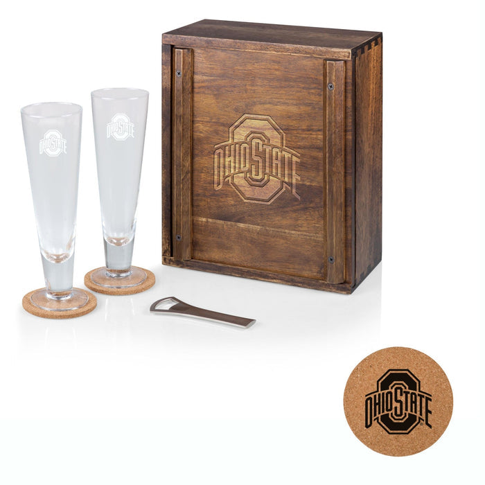 Ohio State Buckeyes Beer Glass – Fluted Pilsner Set with Acacia Wood Holder & Coasters Licensed - YinzerShop