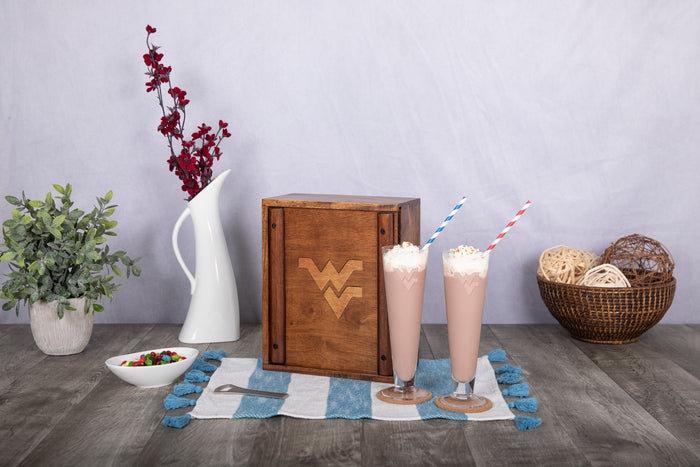 Pilsner Beer Glass Set - West Virginia Mountaineers Fluted Glasses With Acacia Wood Base Licensed - YinzerShop