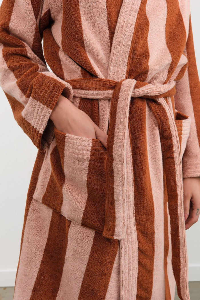 Hawkins New York Apparel Womens Lounge Simple Striped Terry Bathrobe in Blush/Terracotta