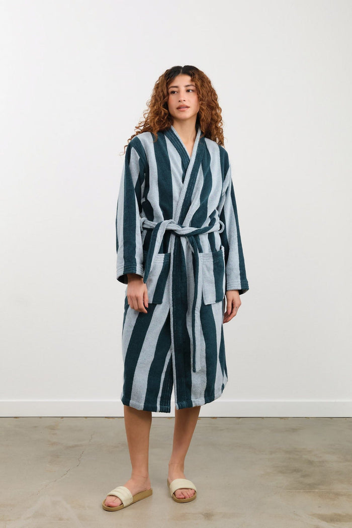 Hawkins New York Apparel Womens Lounge Simple Striped Terry Bathrobe in Sky/Peacock Sky/Peacock / Small