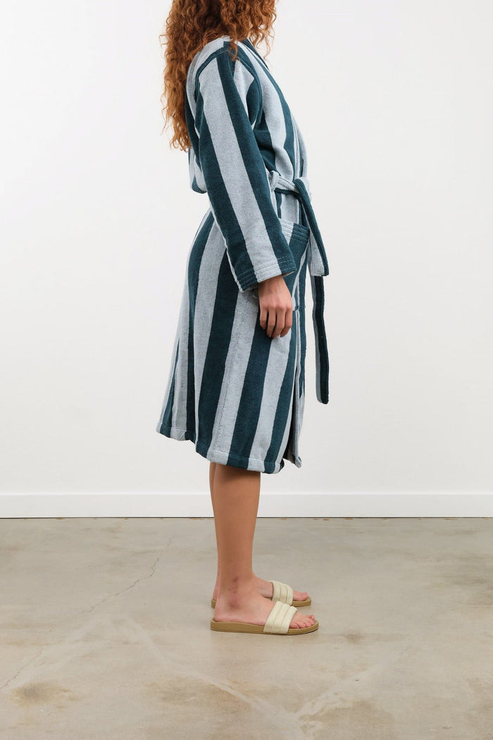 Hawkins New York Apparel Womens Lounge Simple Striped Terry Bathrobe in Sky/Peacock