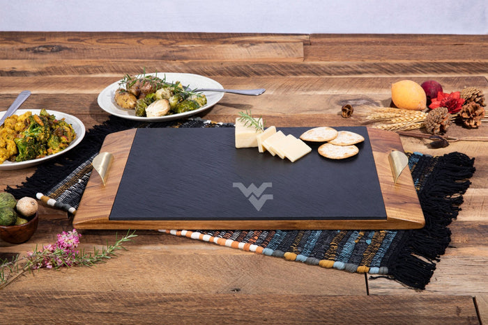 West Virginia Mountaineers Acacia Wood Serving Tray – Slate Cheese Board, Brass Handle Licensed - YinzerShop