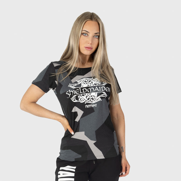 Women's Premium Tee, Shieldmaiden, M90 Grey Camo - Grimfrost
