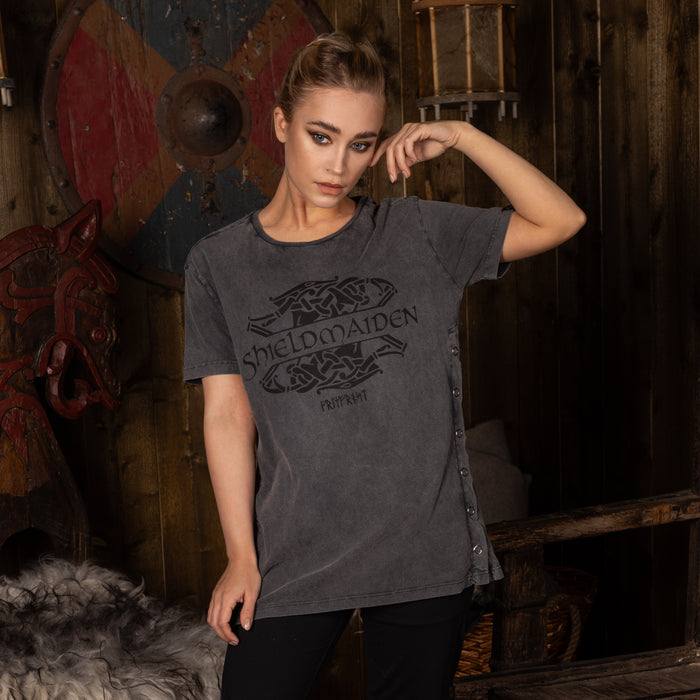 Women's Side Snap Tee, Shieldmaiden, Washed Grey - Grimfrost